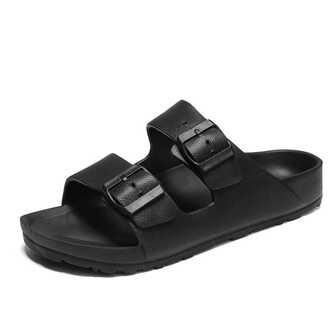 女款防水防滑塑膠平跟純色兩條紋拖鞋