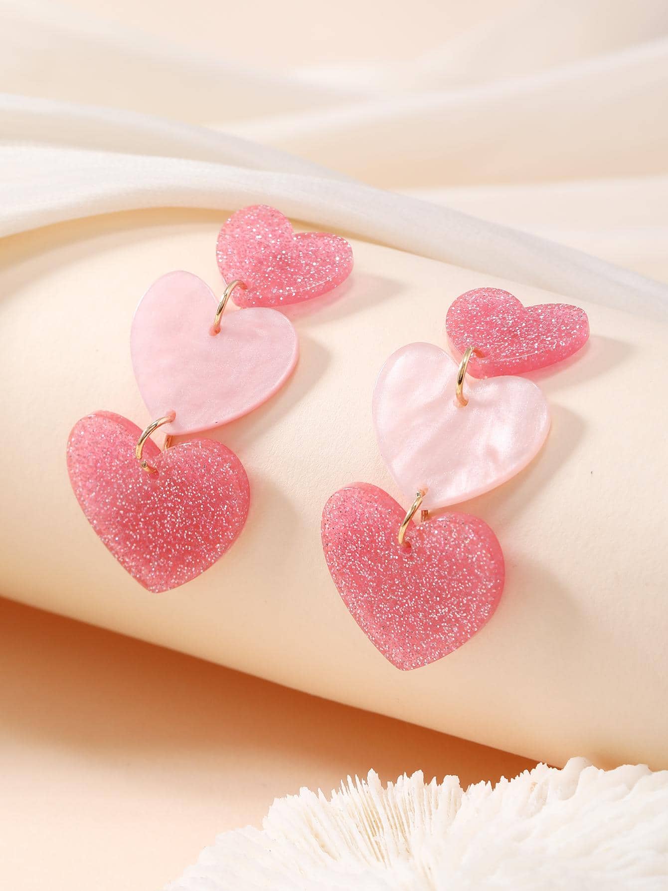 1對時尚愛心裝飾耳墜適合女士適用於約會禮物 - 粉色 - 查看 1
