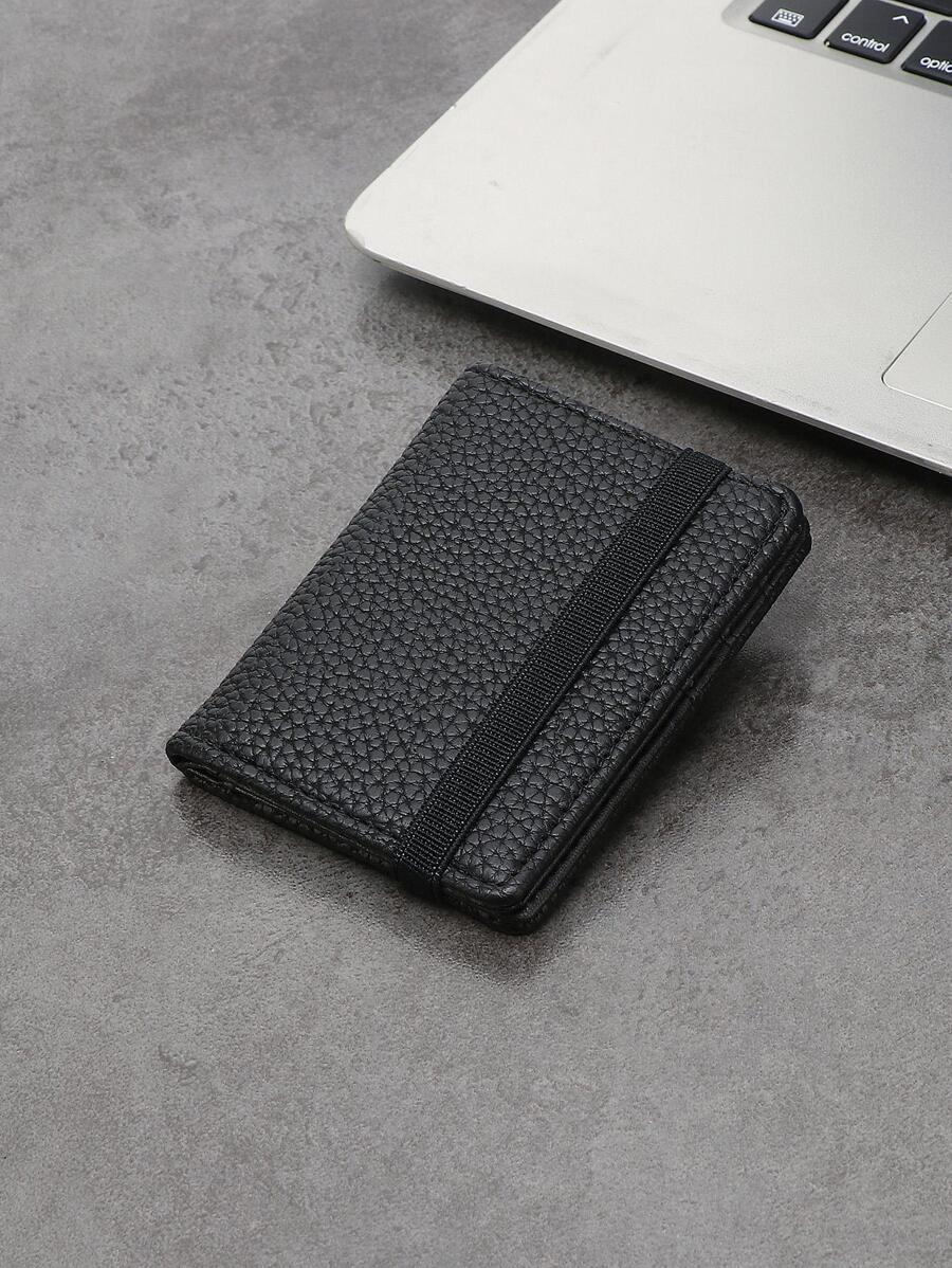 1 pieza Billetera de tarjetas minimalista y ligera de PU delgado, portador de tarjeta de crédito, estuche pequeño de tarjeta con banda elástica para hombres - Negro - Ver 1