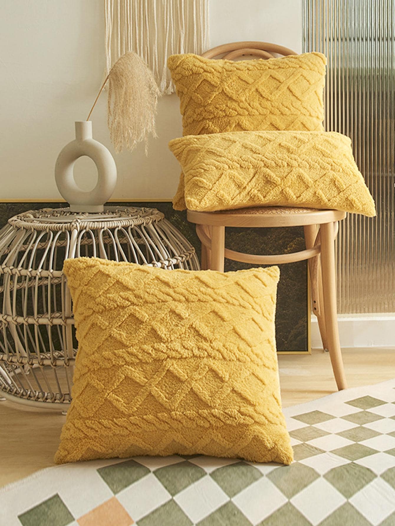 1 PC Mềm Mại Sang Trọng Mờ Ngắn Len Nỉ Ném Gối Vuông Hoa Văn Đệm Ốp Lưng Trang Trí - Màu vàng - Xem 1