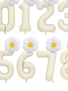 Bộ 3 quả bóng bay lá kim loại màu trắng kem 40 inch hình số và hoa cúc nhỏ dùng cho tiệc sinh nhật 0-9 tuổi, trang trí tiệc cưới, tiệc cô dâu, bóng bay Air Globos - Màu be - Xem 3