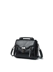 Mini Stitch Detail Square Bag Flap Top Handle - Black - View 2