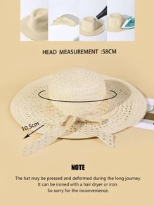 1pc Women Polka Dot Bow Decor Sun Protection Boho Straw Hat For Summer - Beige - View 3