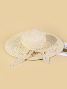 1pc Women Polka Dot Bow Decor Sun Protection Boho Straw Hat For Summer - Beige - View 2