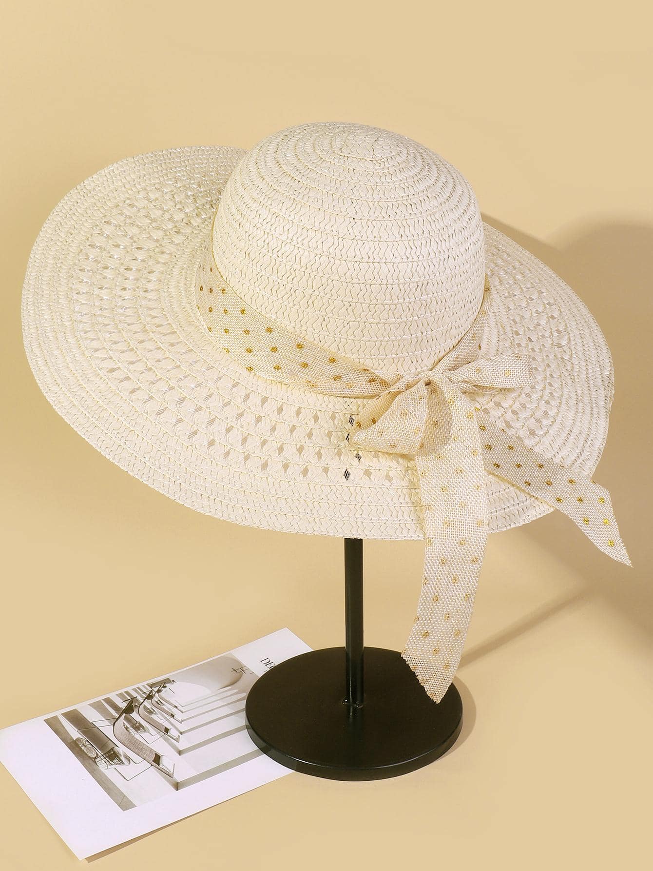 1pc Women Polka Dot Bow Decor Sun Protection Boho Straw Hat For Summer - Beige - View 1