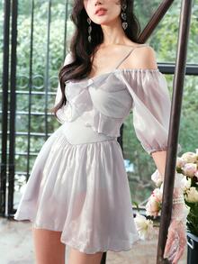 Bañador una pieza ribete con fruncido - Gris Claro - Ver 4