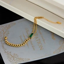 1入組316L不銹鋼綠寶石方晶鋯石手環適合女士情侶復古不對稱派對首飾類 - 金黃色 - 查看 4