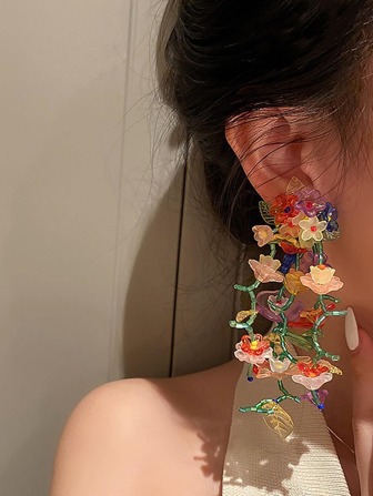 1pair Fashionable Exaggerated Tassel Leaf Flower Dangle Earrings Valentines,Mom,Mother,Mother's Day,Gift