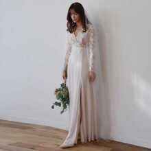 Single Long 2 Meters Plain Yarn Tail Band Hair Comb White Bridal Veil Fall Clothes For Women - White - View 5