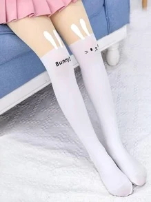 2對女童對比顏色卡通兔印花丝襪，全季節可穿，可愛的休閒風格適合日常穿著，可與裙子搭配 - 彩色 - 查看 5