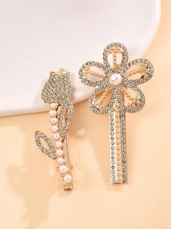 2入組女性花造型水鑽裝飾時尚鱷魚髮夾適用於頭髮裝飾用品