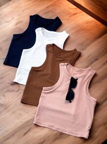 Kit 4 Peças Top Cropped Feminino Canelado Premium - Preto e Branco - Visão 1