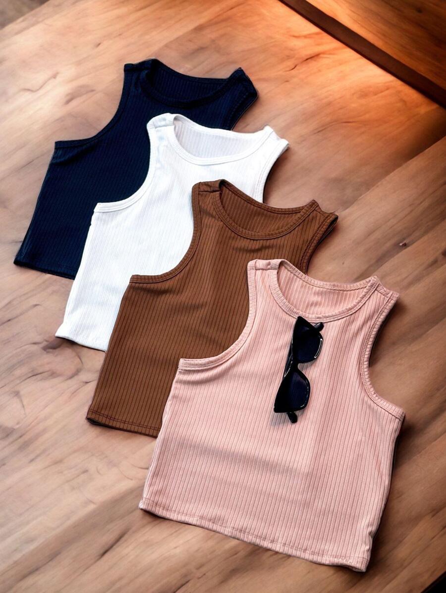 Kit 4 Peças Top Cropped Feminino Canelado Premium - Preto e Branco - Visão 1