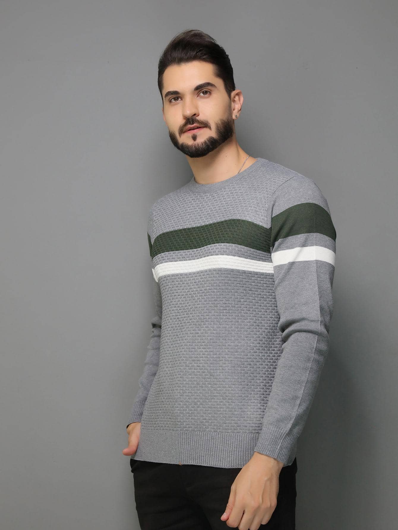 Sueter tricot masculino casaco blusa de frio gola redonda manga longa blusa de Lã Importado - Cinza - Visão 1