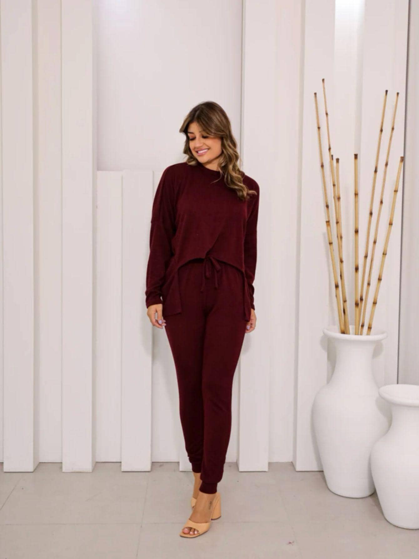 Women Two-piece Outfits - Burgundy - View 1