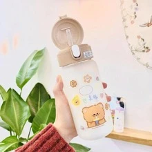 Botella de agua de vidrio kawai con tapa y popote de 450ml - Beis - Ver 9