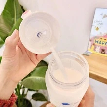 Botella de agua de vidrio kawai con tapa y popote de 450ml - Beis - Ver 10