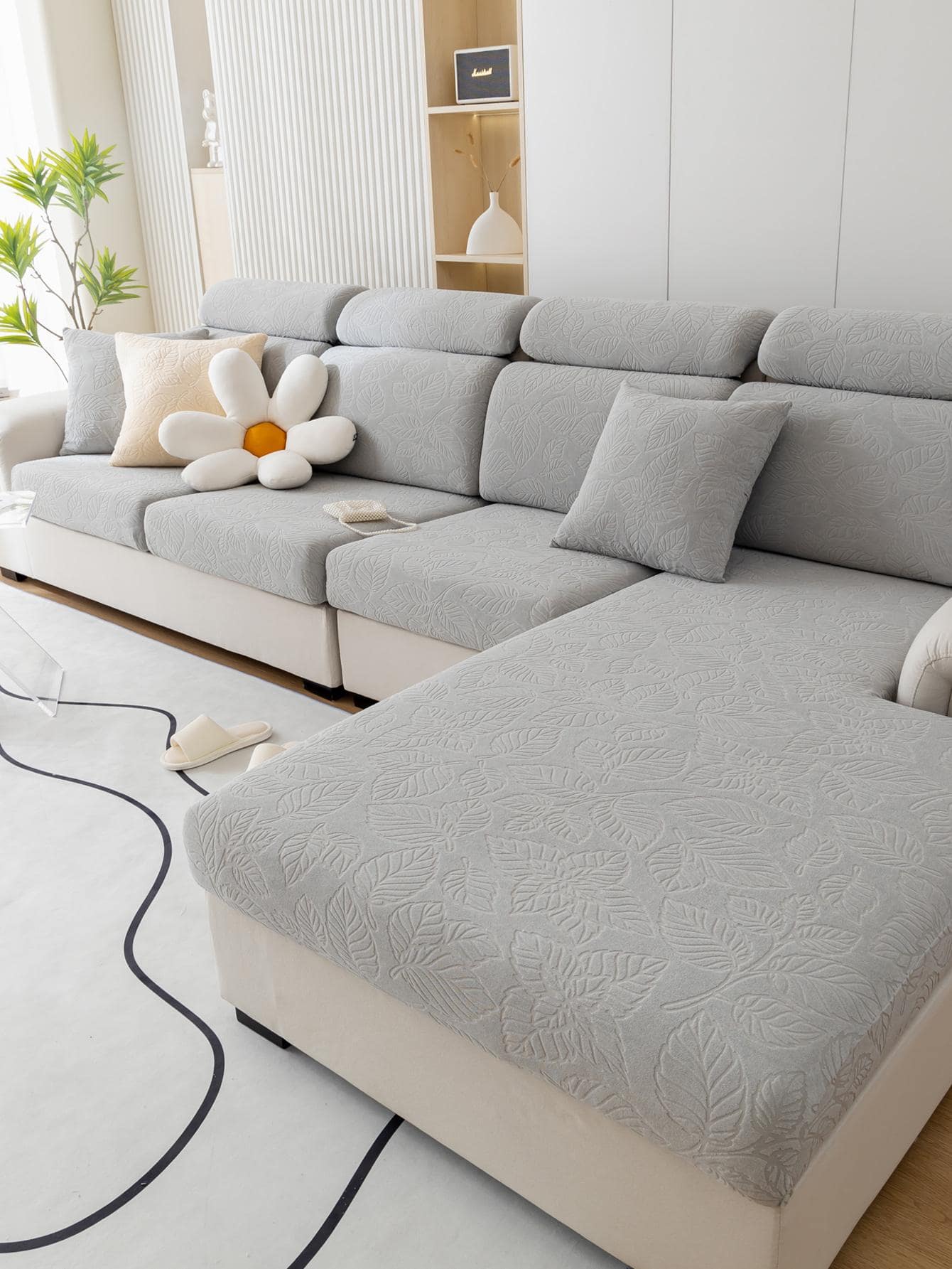 1 cái bọc ghế sofa co giãn thiết kế hình chiếc lá - Màu Xám nhạt - Xem 1