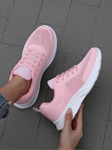 女士前綁帶鏤空跑步運動戶外織物運動鞋 - 粉色 - 查看 1