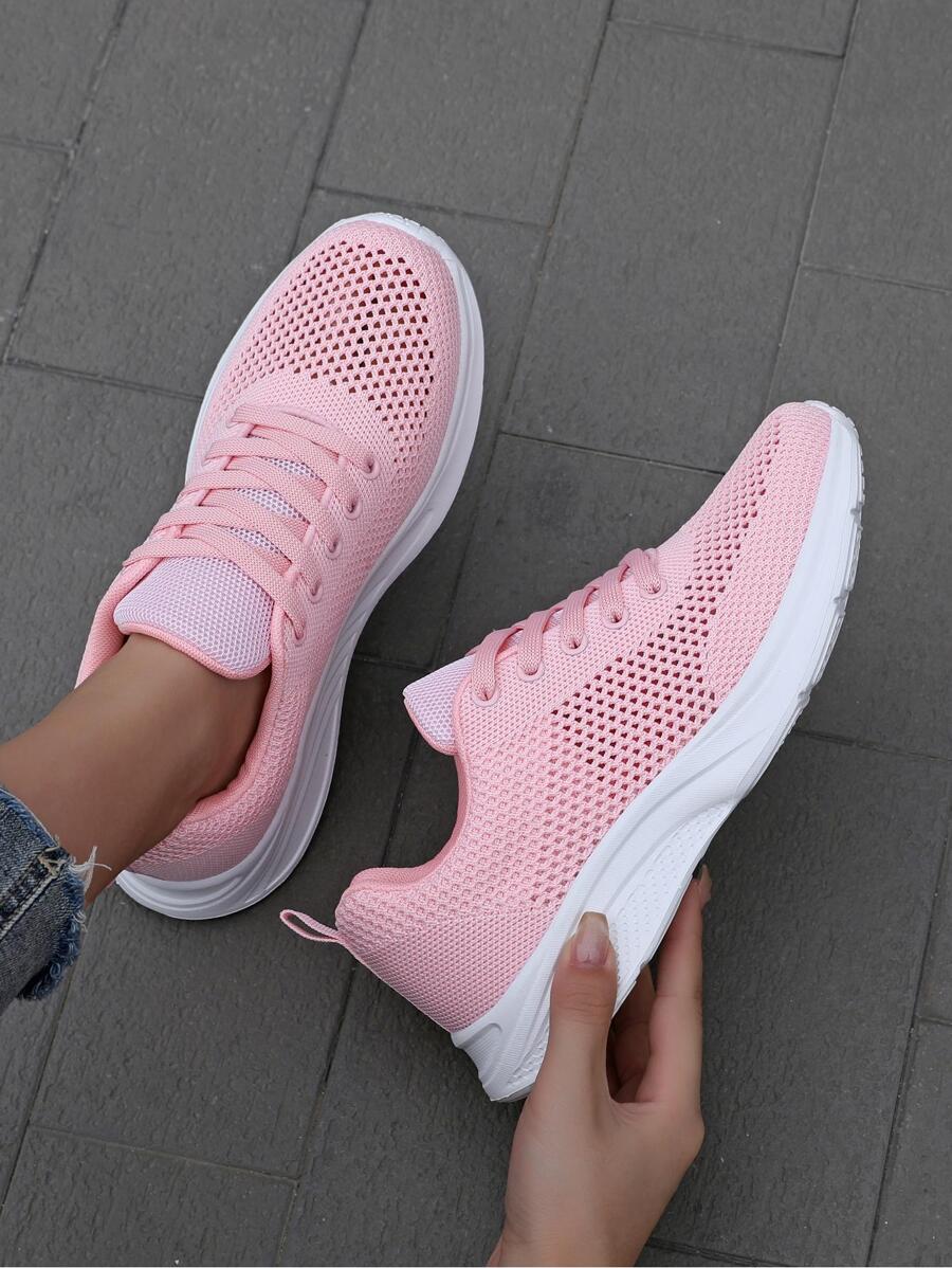 女士前綁帶鏤空跑步運動戶外織物運動鞋 - 粉色 - 查看 1