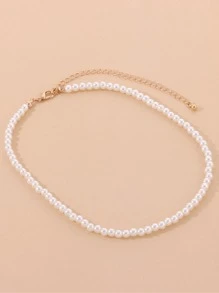 人造珍珠串珠項鍊 - 白色 - 查看 2