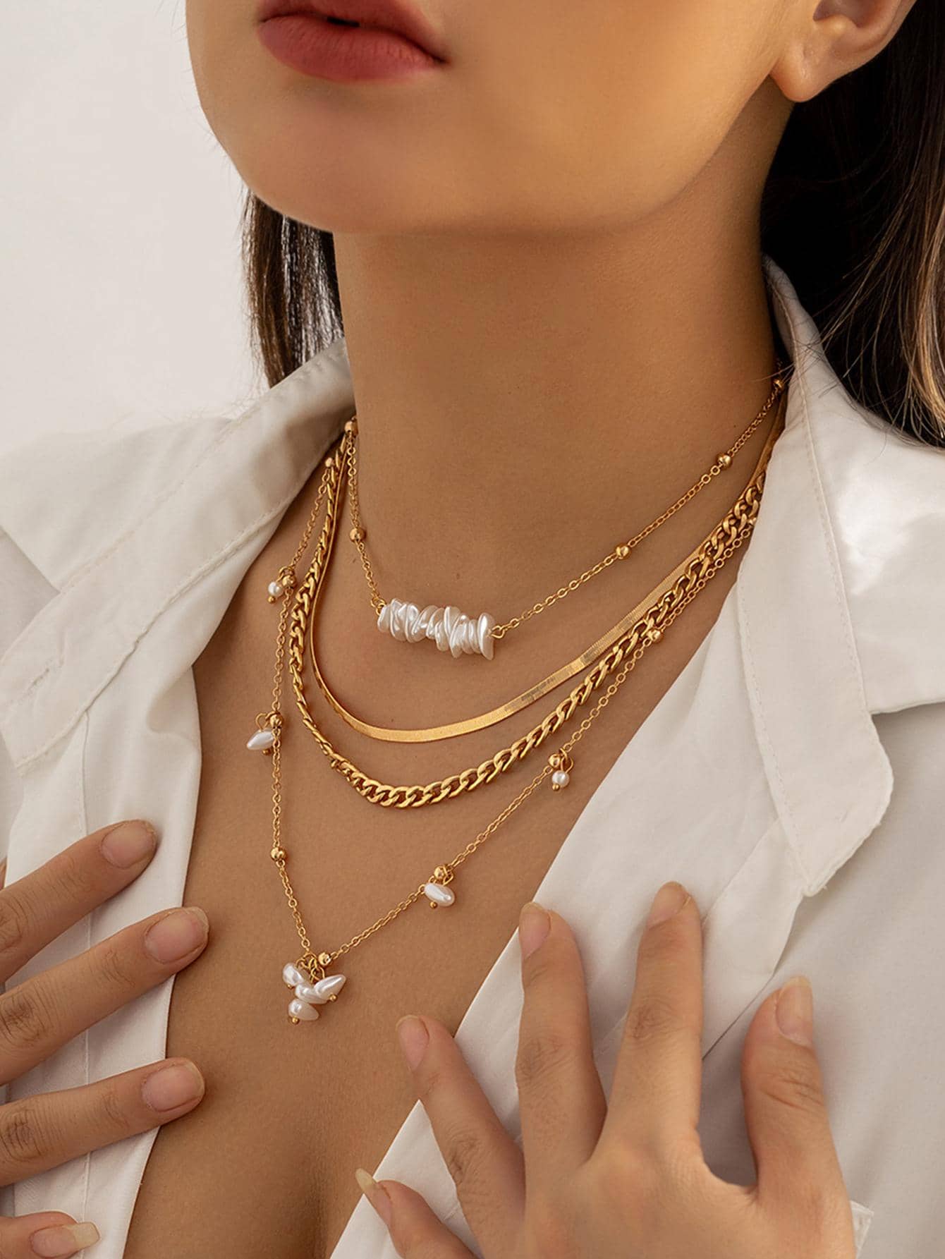 Faux Pearl Decor Layered Necklace - Gold - View 1