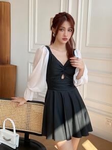 Contrast Sleeve Ruched Cut Out Athletic One Piece Swimsuit - Black and White - View 1