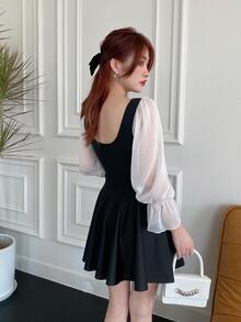 Contrast Sleeve Ruched Cut Out Athletic One Piece Swimsuit - Black and White - View 5