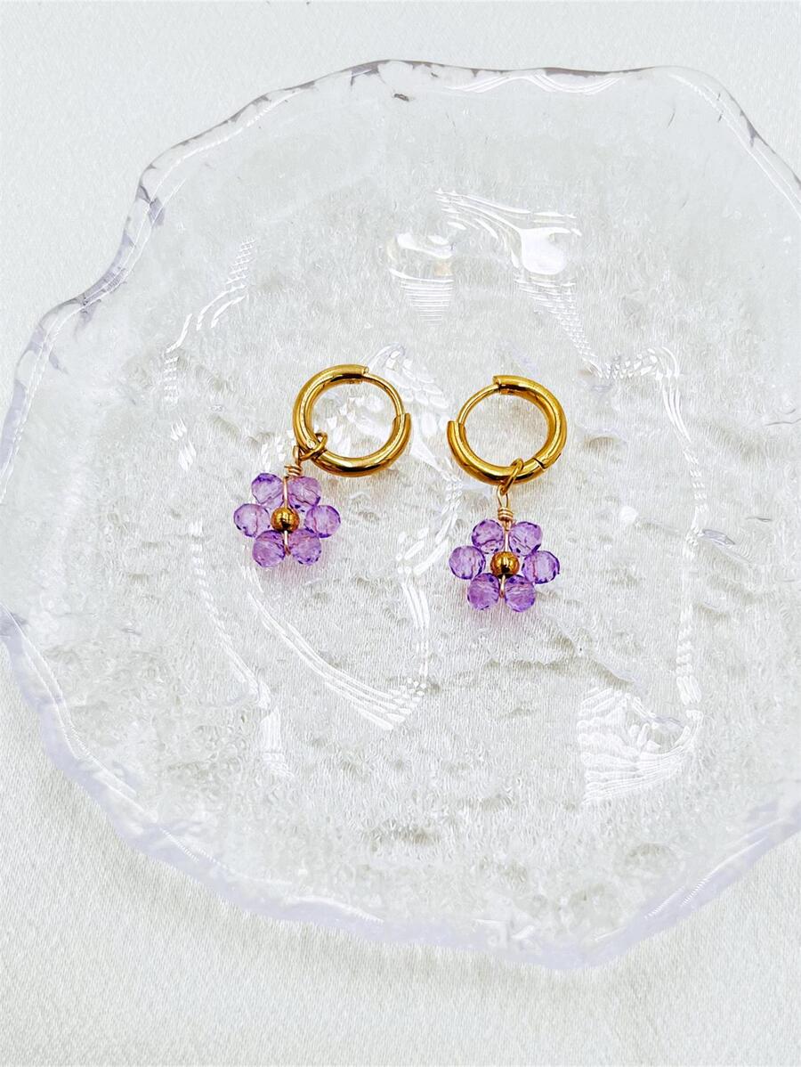 Flower Drop Earrings - Purple - View 1
