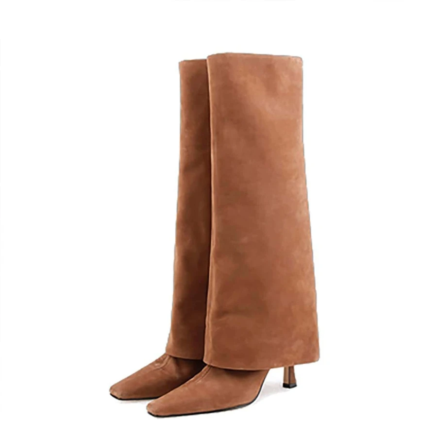 YIYA Womens Stiletto Heel Knee High Boots Square Toe Slip On Fold Over Boots For Women Leather Sewing Comfortable Dress Boots - 巧克力棕 - 查看 1