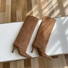 YIYA Womens Stiletto Heel Knee High Boots Square Toe Slip On Fold Over Boots For Women Leather Sewing Comfortable Dress Boots - 巧克力棕 - 查看 2