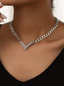 1pc Chunky Chain Letter Pendant Necklace With Rhinestone Detail - Silver - View 1