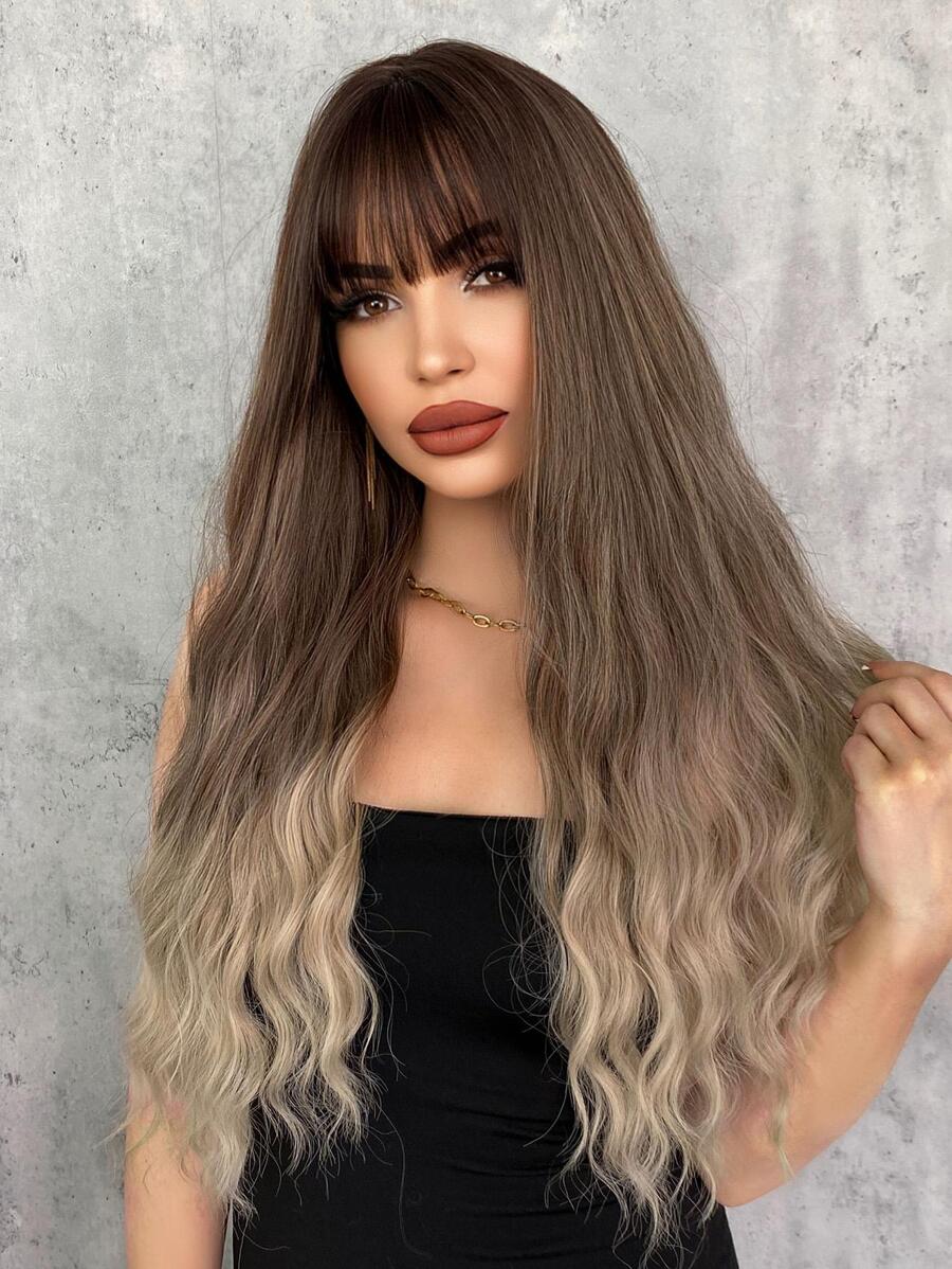 7JHH WIGS 自然棕色渐变金色长波浪合成假发带刘海适合女士女孩日常使用派对角色扮演 - 彩色 - 查看 1