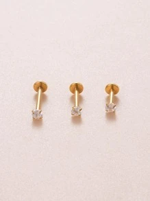 3pcs/set 3mm Round Cubic Zirconia Stainless Steel Internal Thread Lip Piercing Jewelry Labret Studs - Yellow Gold - View 2