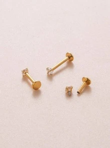 3pcs/set 3mm Round Cubic Zirconia Stainless Steel Internal Thread Lip Piercing Jewelry Labret Studs - Yellow Gold - View 1