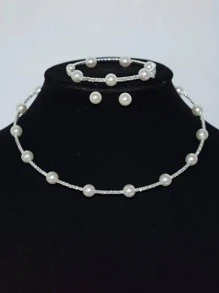 4入組法式單排珍珠與鑽石裝飾頸鍊,手鍊,耳環組合,適用於新娘婚禮服飾配件 - 彩色 - 查看 1