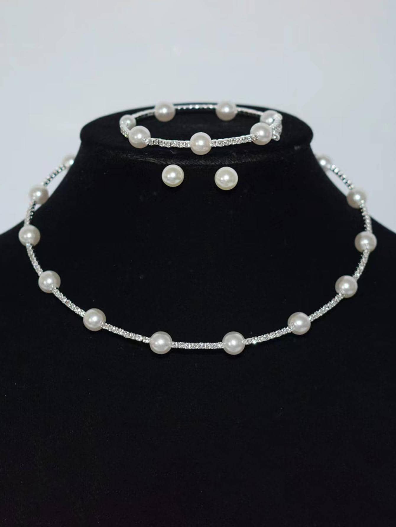 4入組法式單排珍珠與鑽石裝飾頸鍊,手鍊,耳環組合,適用於新娘婚禮服飾配件 - 彩色 - 查看 1