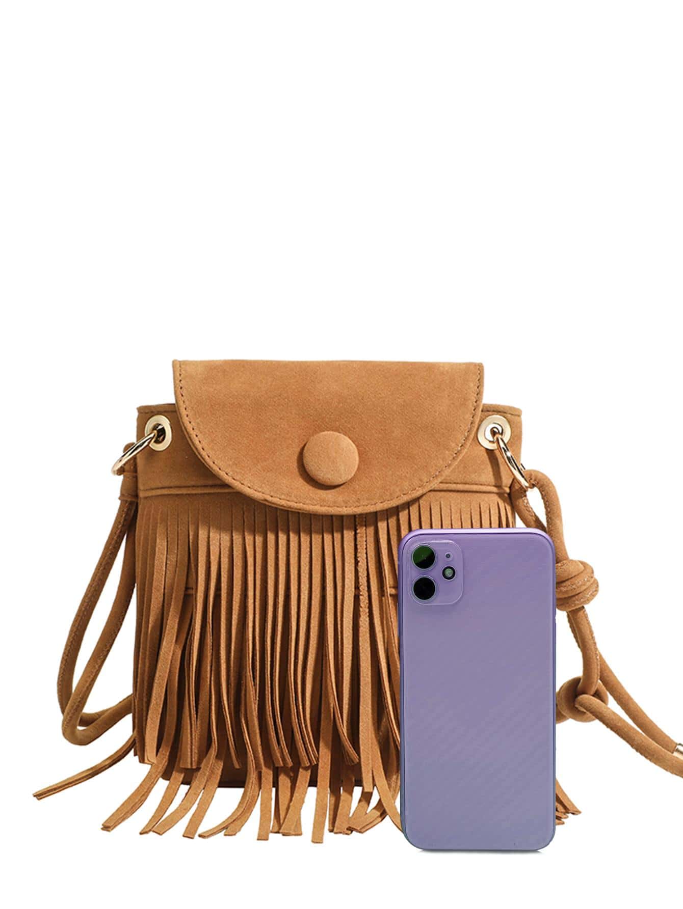 ELIM&PAUL Mini Fringe Decor Flap Square Bag Vacation Style - Camel - View 9
