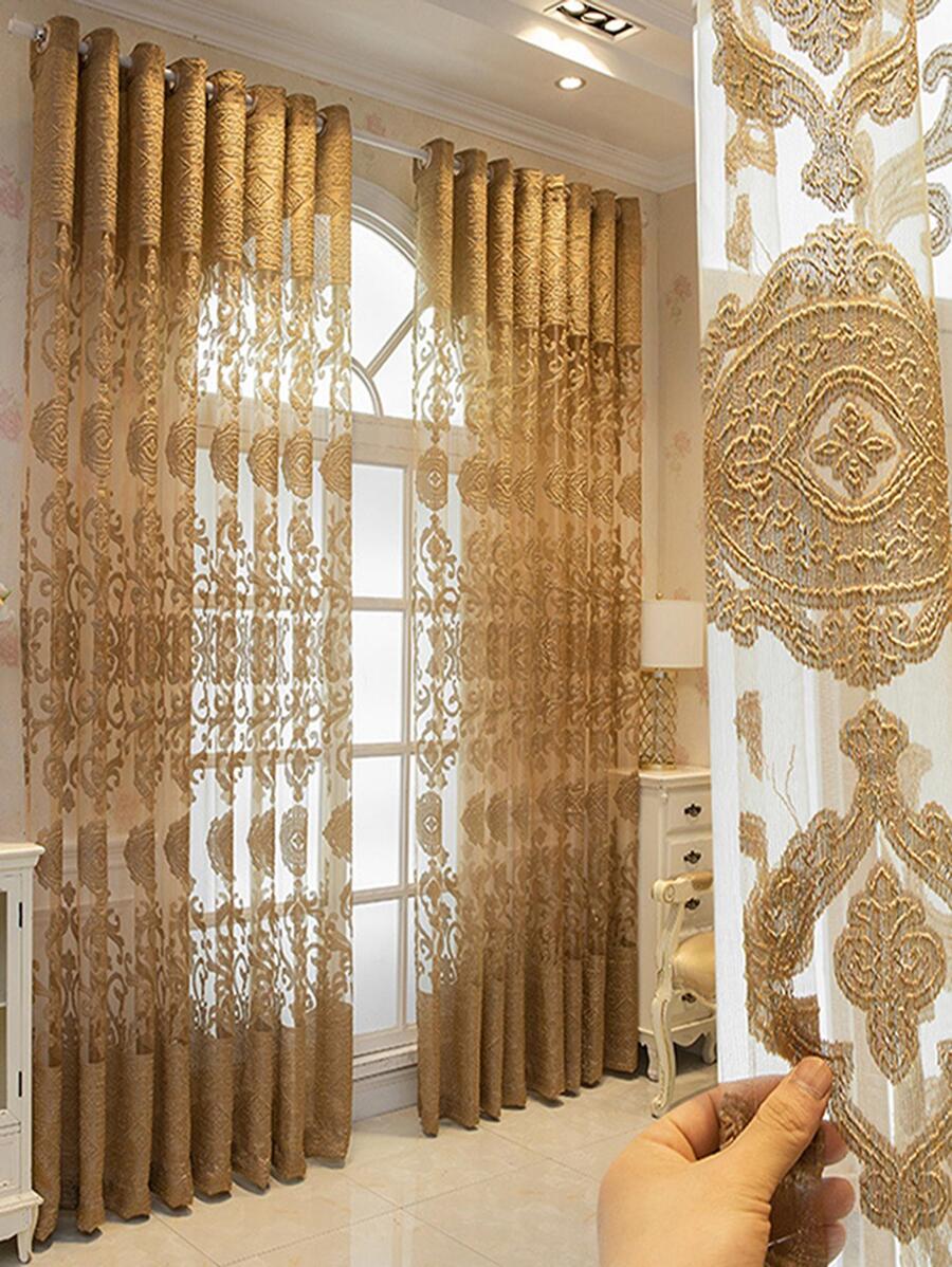 1 PC Cao Cấp Sang Trọng Phong Cách Châu Âu Lớn Rỗng Biệt Thự Cà Phê Vàng Màn Tuyn - Vàng - Xem 1