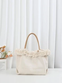 Letter Fringe Canvas Tote Bag For Women Large Capacity Simple Commuter Shoulder Bag - Blue - View 2