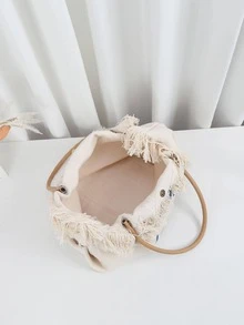 Letter Fringe Canvas Tote Bag For Women Large Capacity Simple Commuter Shoulder Bag - Blue - View 3