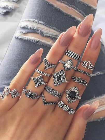 15 pezzi/set Anello casuale vintage lega di zinco decorato fiori e strass per donne per regalo