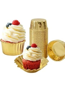 50 piezas Molde para pasteles papel magdalena minimalista unicolor para hornear en la cocina - Dorado - Ver 3
