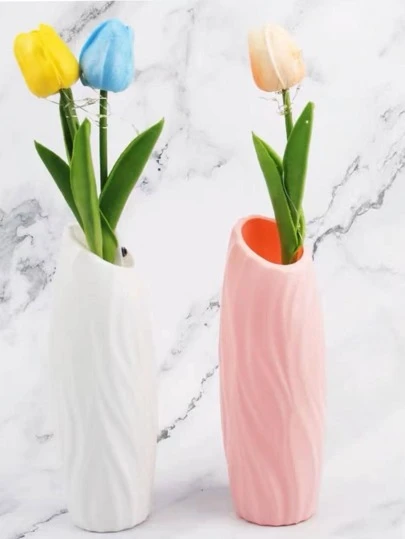 1pc Solid Plastic Flower Vase, Minimalist Textured Detail Flower Vase For Home