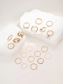 18pcs/set Glamorous Zinc Alloy Rhinestone Decor Ring For Women For Daily Decoration - Yellow Gold - View 2