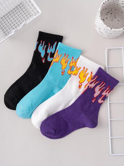 4pairs Kids Fire Pattern Ankle Socks For Spring & Fall