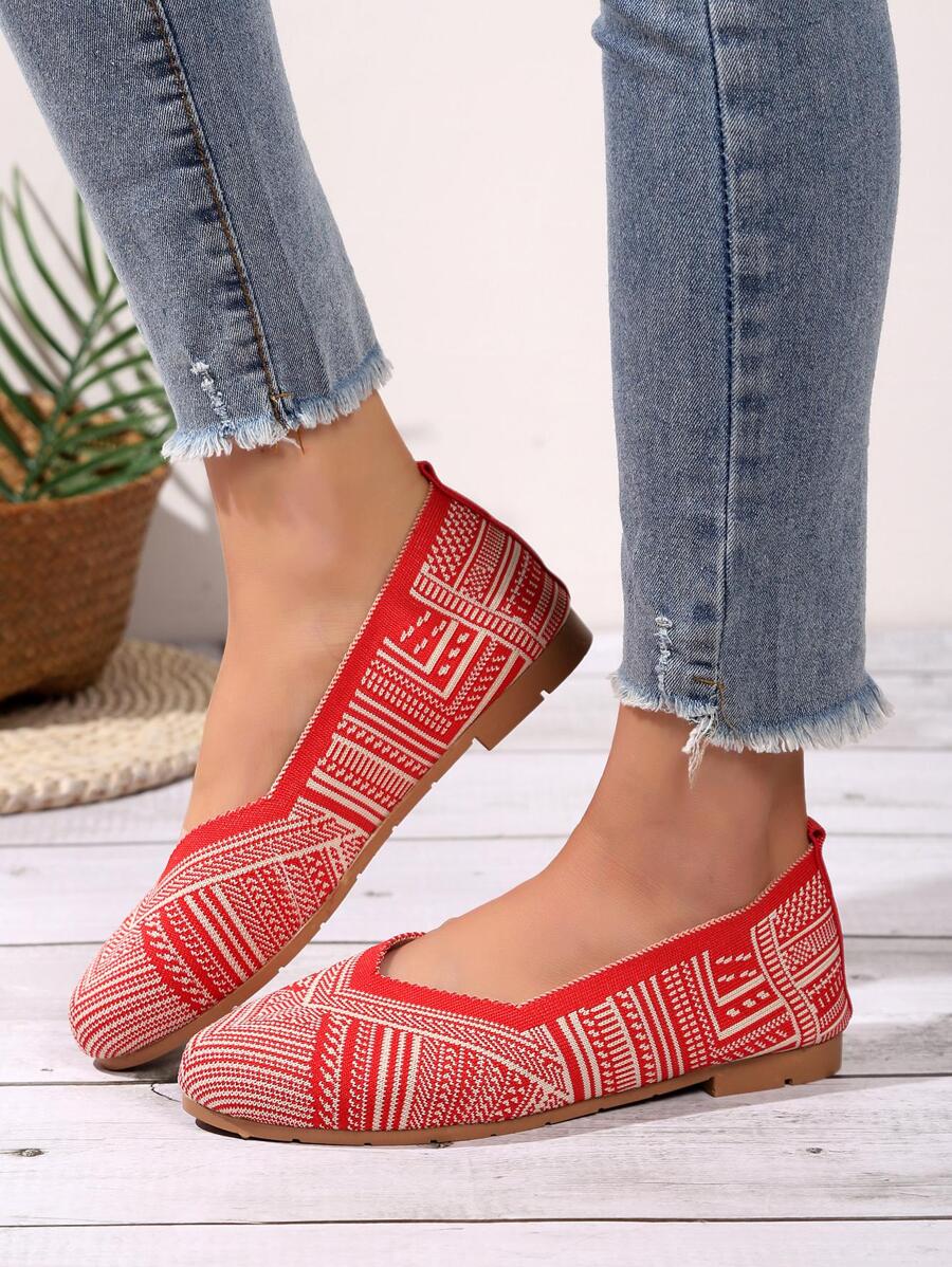 Giày bệt thời trang màu đỏ cho nữ, giày ba lê mũi vuông họa tiết hình học - Đỏ - Xem 1