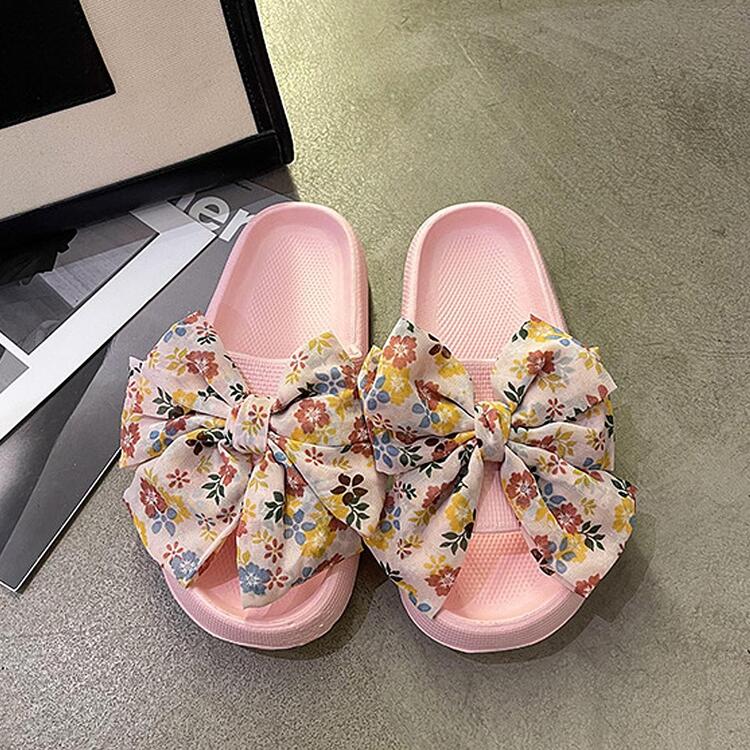 preppy rosado Zapatillas para con estampado floral con diseño de lazo Chanclas - Rosa - Añade 2