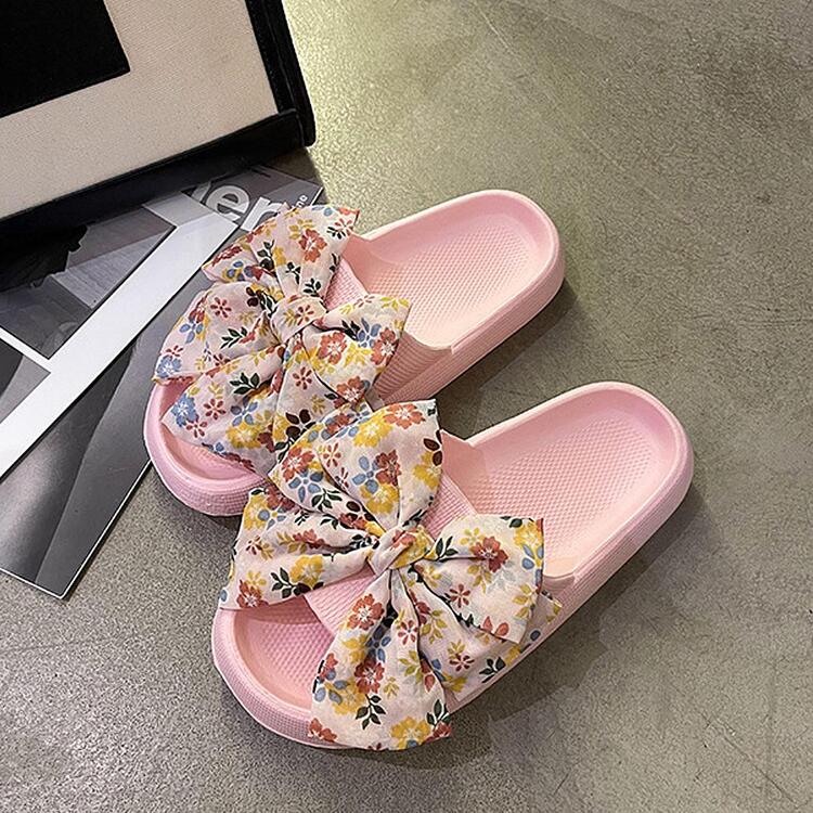 preppy rosado Zapatillas para con estampado floral con diseño de lazo Chanclas - Rosa - Añade 4