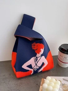 人像圖案手提包鉤針編織袋雙把手 - 藍色 - 查看 2